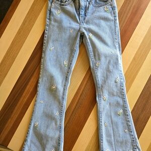 Floral Embroidered Kids Blue Jeans